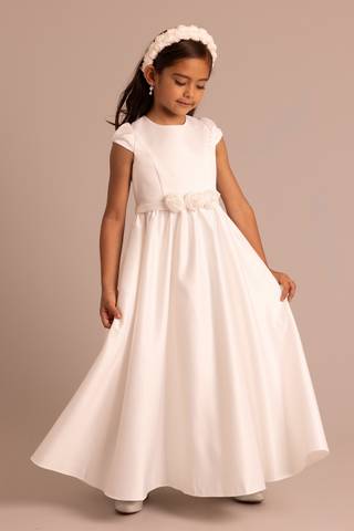 View DB Studio Short Sleeve Satin Rosette Flower Girl Dress in all available color and sizes Picture of Short Sleeve Satin Rosette Flower Girl Dress